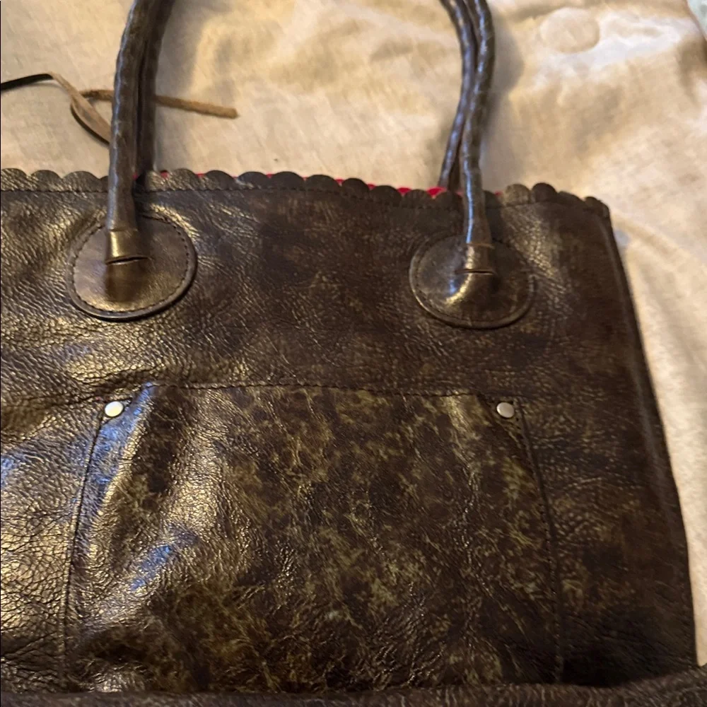 Patricia Nash Brown and Teal Embossed Leather Tote - Picture 2 of 3